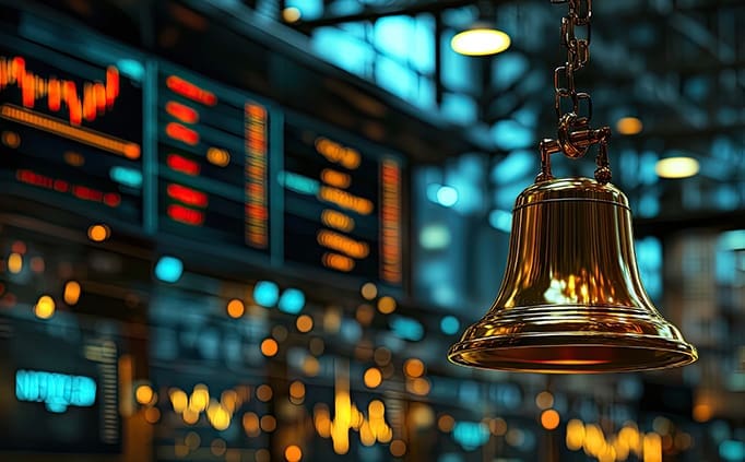 Gold bell hanging in a bustling trading floor with stock market data displays
