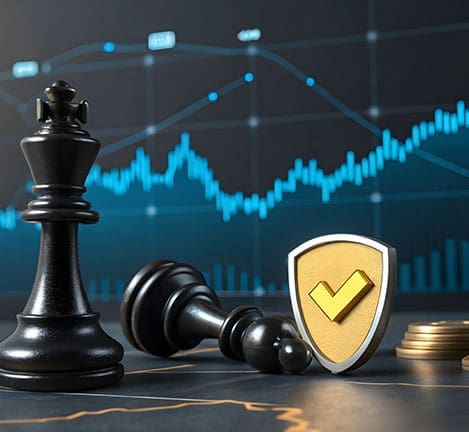 A chess king, shield, and coins on a table with a stock market graph in the background