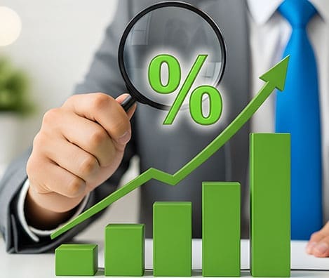 Businessman holding magnifying glass over green percentage symbol and rising bar chart with arrow, financial growth concept